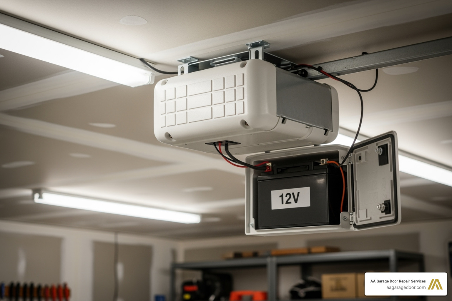 garage door opener motor unit with battery compartment open - garage door opener battery