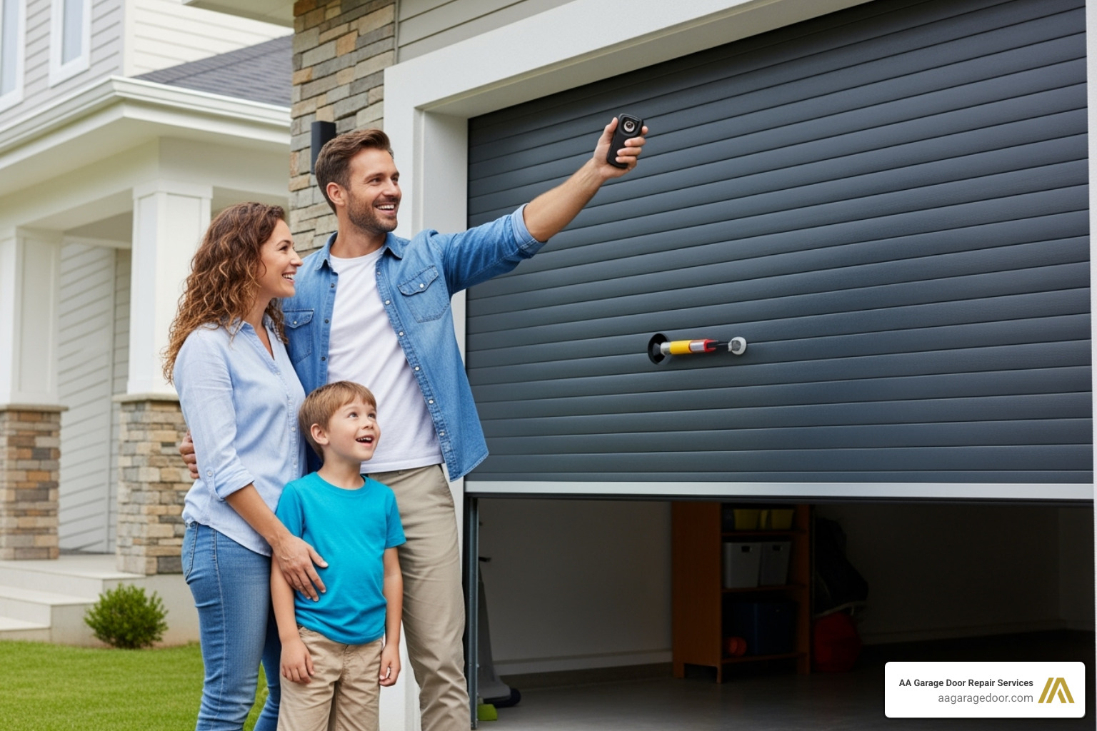 happy family using garage door remote successfully - garage door opener battery