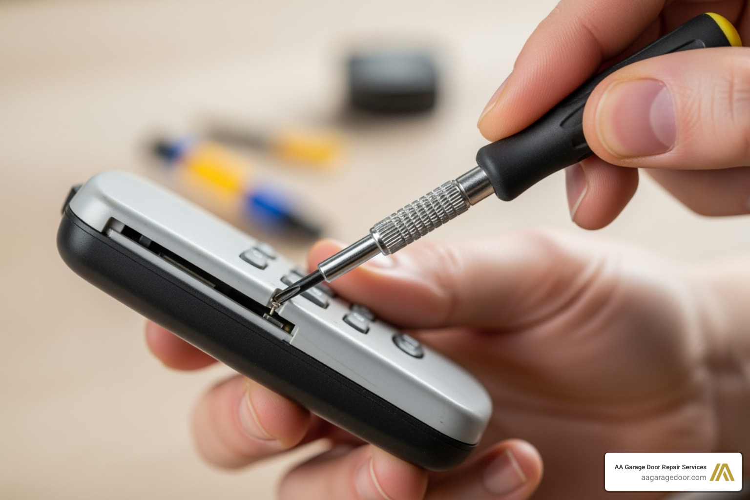 person opening garage door remote with small screwdriver - garage door opener battery