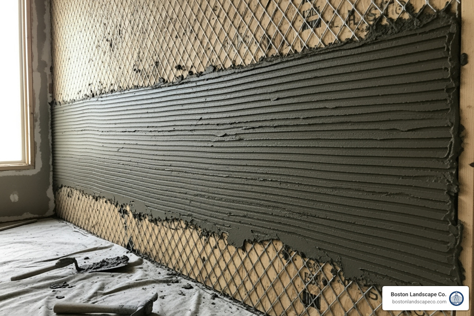 wall being prepped with a scratch coat and lath - Stone veneer installation Boston