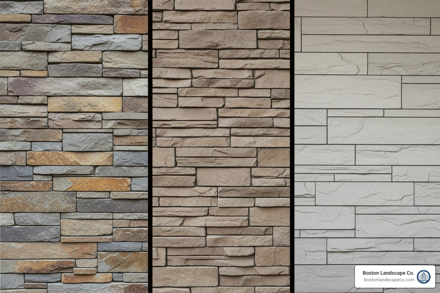 side-by-side examples of natural, manufactured, and panelized stone veneer - Stone veneer installation Boston
