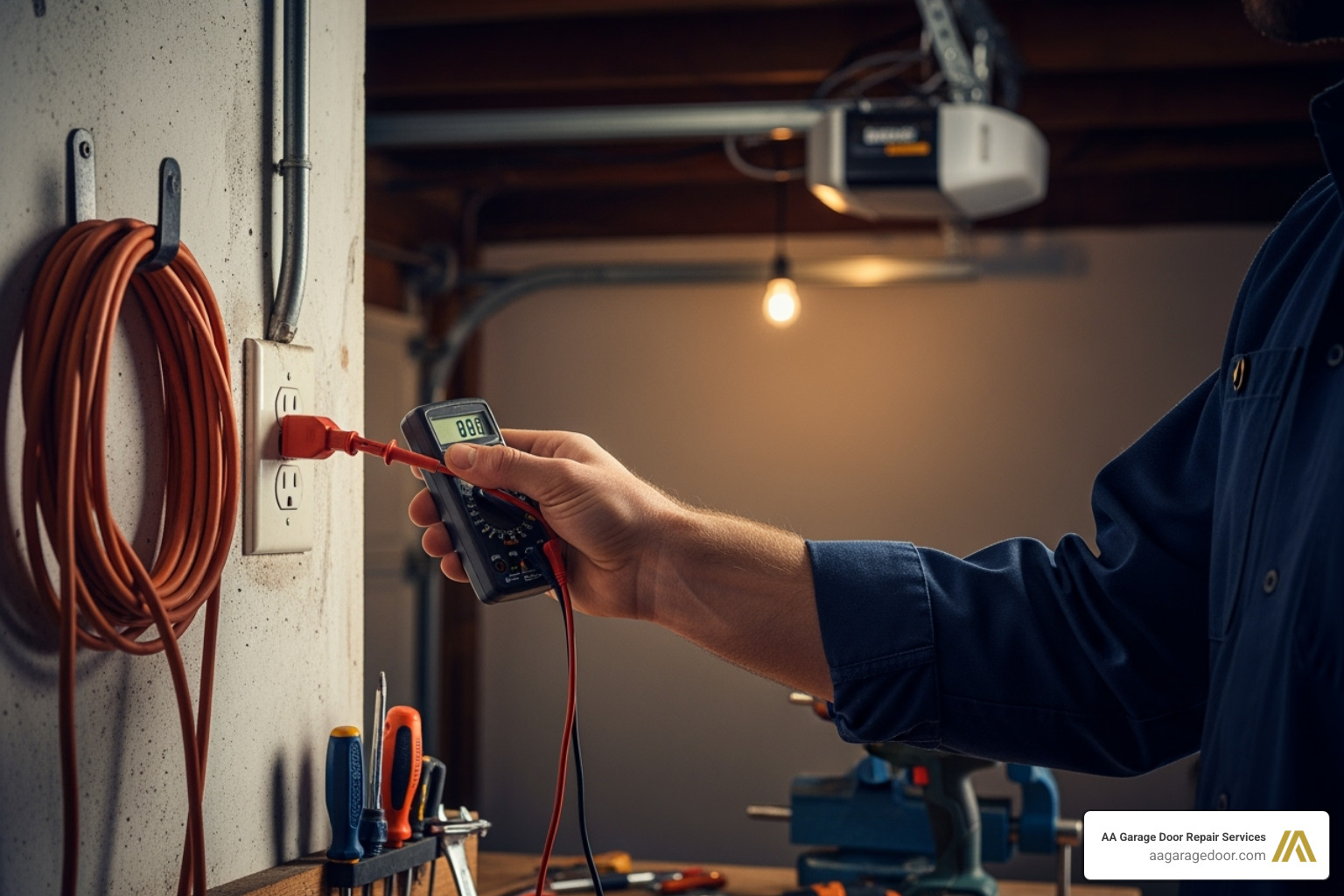 person checking the power outlet for a garage door opener - fix garage door at home