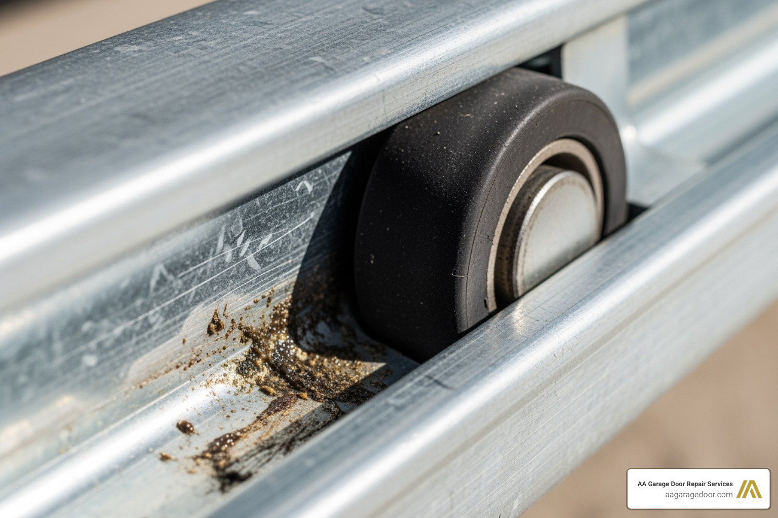 A close-up image of a garage door track with a slight bend or misalignment, showing how the roller might rub against the metal, causing a grinding noise - noisy garage door fix