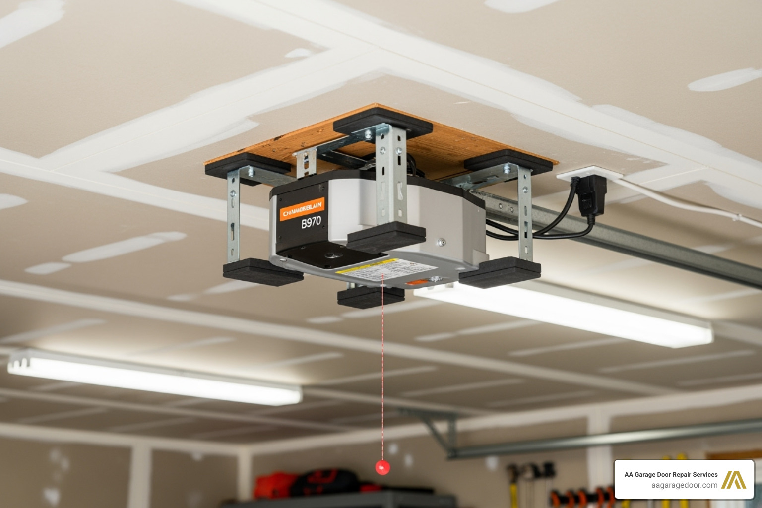 A garage door opener motor unit with rubber anti-vibration pads clearly visible between the mounting brackets and the ceiling joists, demonstrating proper installation for noise reduction - noisy garage door fix
