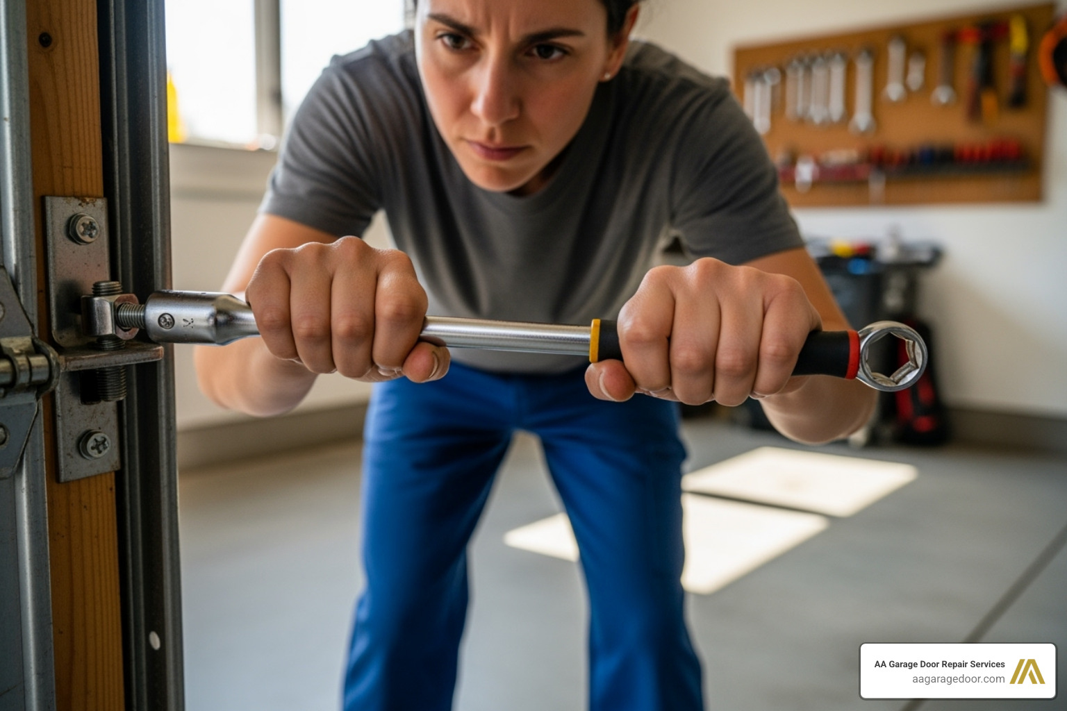 A person using a socket wrench to firmly tighten a bolt on a garage door hinge, demonstrating proper technique for securing hardware - noisy garage door fix