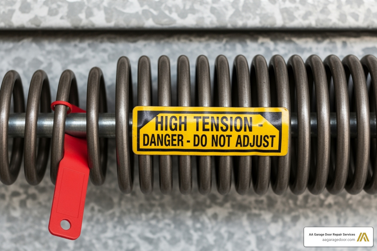 A close-up image of a red-tagged torsion spring on a garage door, with a clear warning label indicating high tension and danger, emphasizing the need for professional handling - noisy garage door fix