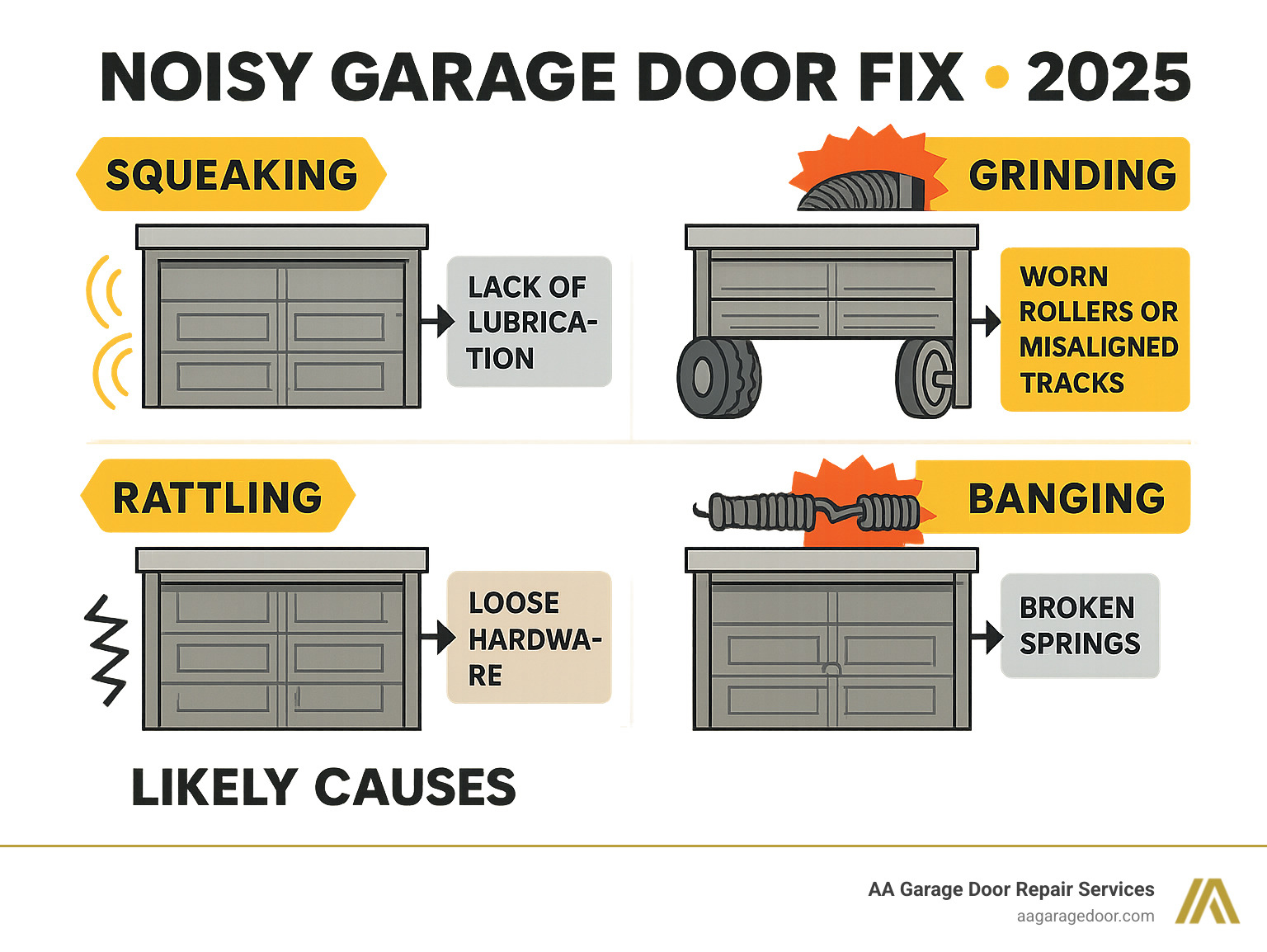 Comprehensive infographic showing common garage door noises (squeaking, grinding, rattling, banging) with arrows pointing to their likely causes: lack of lubrication for squeaking, worn rollers or misaligned tracks for grinding, loose hardware for rattling, and broken springs for banging sounds - noisy garage door fix infographic 