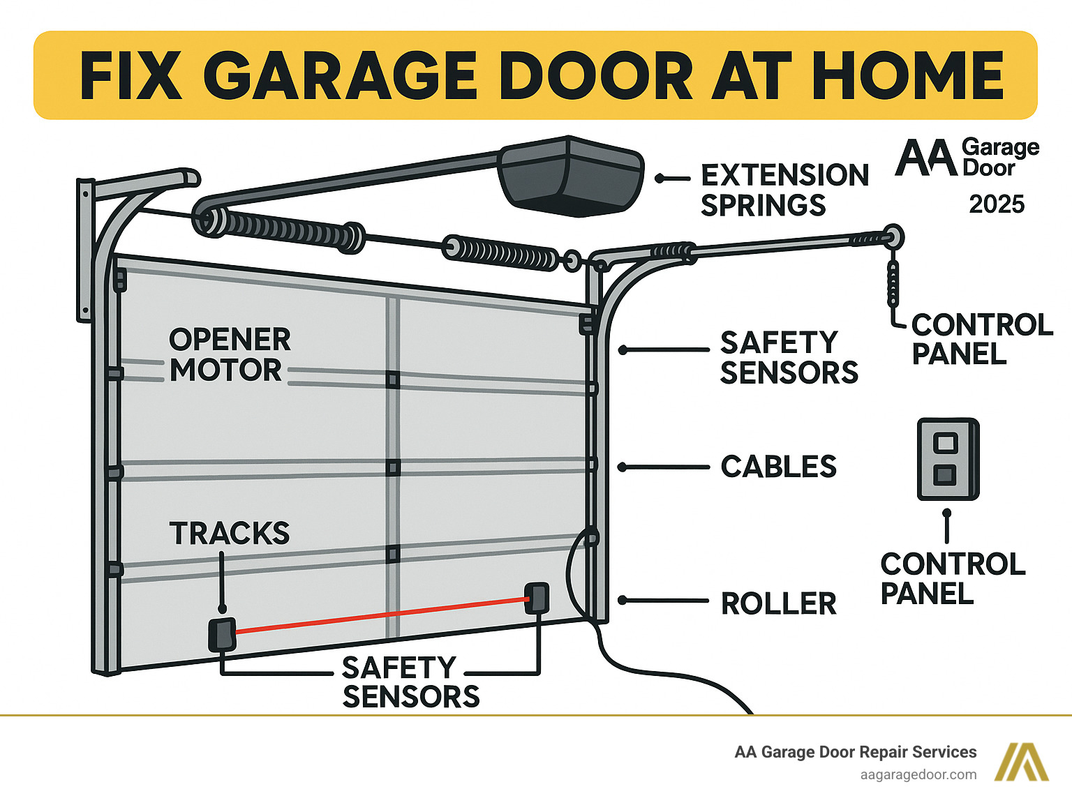 Comprehensive garage door system diagram showing opener motor, torsion springs, extension springs, safety sensors, tracks, rollers, cables, and control panels with labeled components for DIY troubleshooting - fix garage door at home infographic 