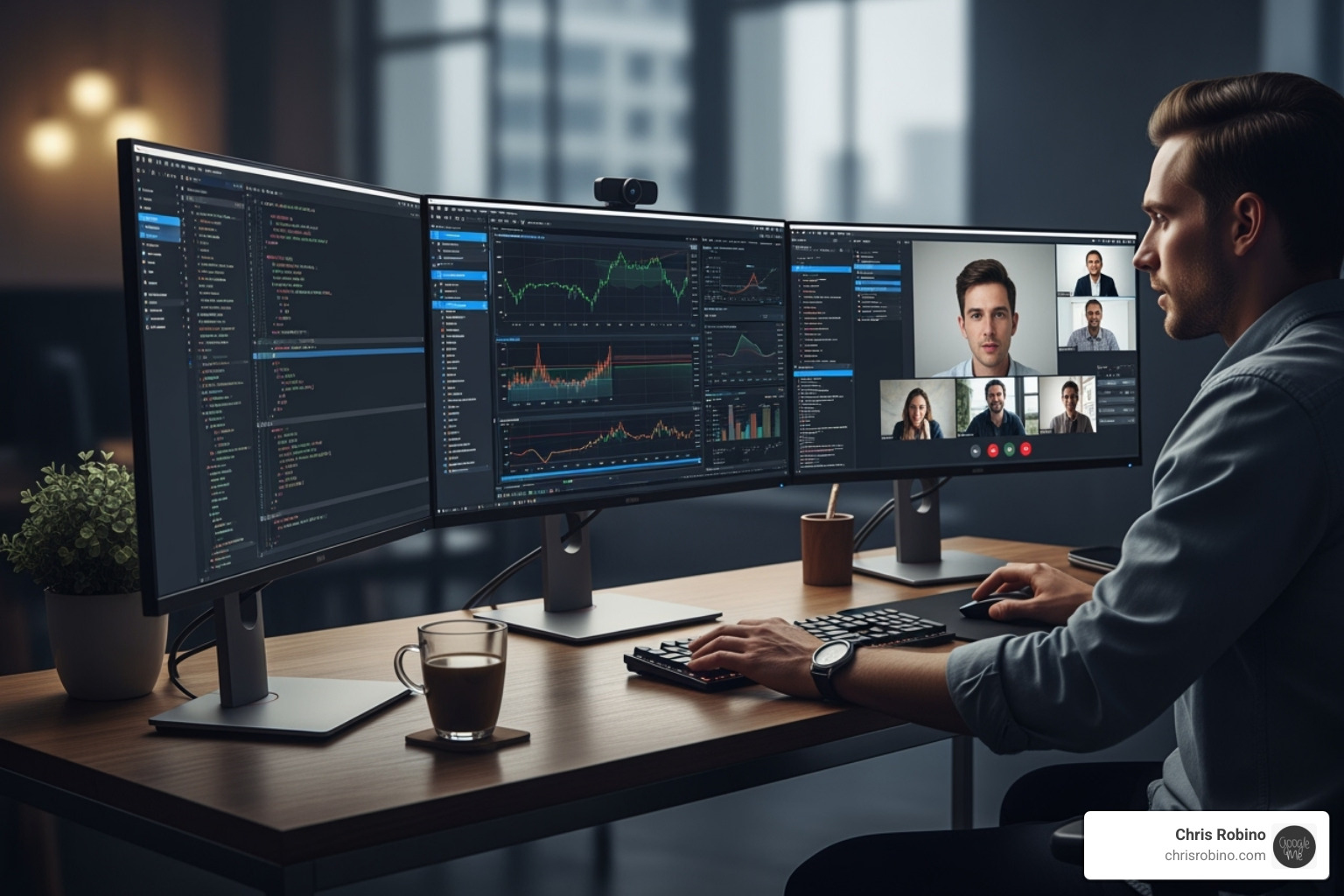 person at a desk with multiple screens, showing code, charts, and communication tools - tech consultant