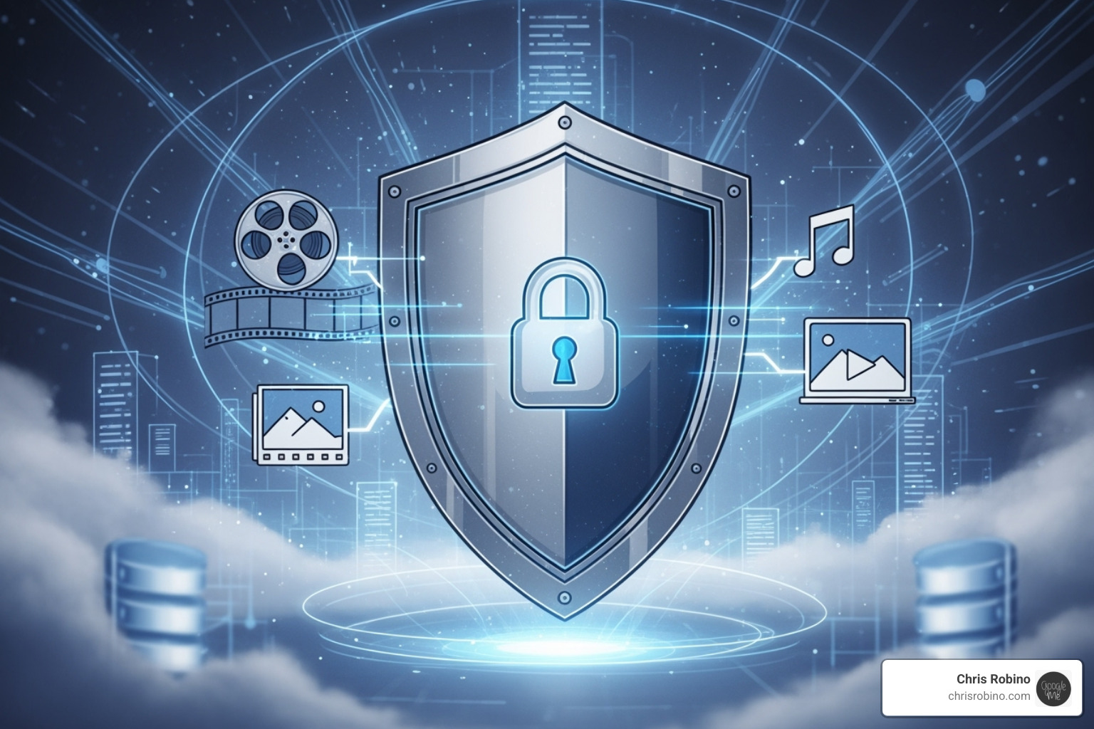 security shield icon protecting media assets in the cloud - cloud solutions for media