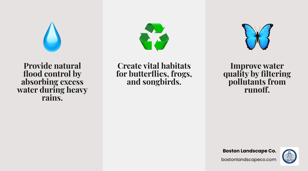 Infographic showing the three key benefits of backyard wetlands: natural flood control, water filtration, and wildlife habitat creation - ideas landscape wetlands in backyard infographic 3_facts_emoji_grey