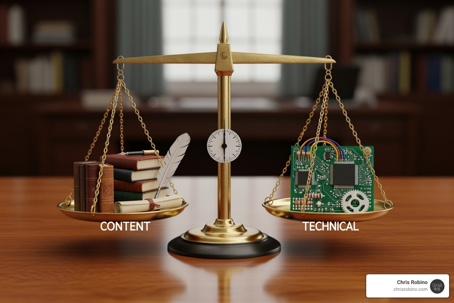 balanced scale with "Content" on one side and "Technical" on the other - search engine rankings