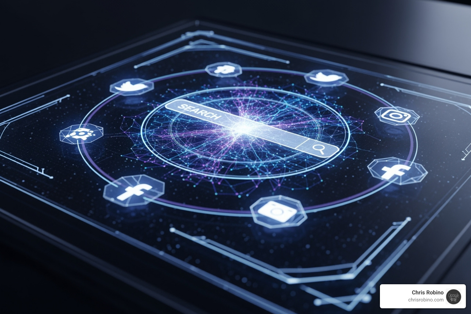 futuristic search interface with AI and social media icons - search engine rankings