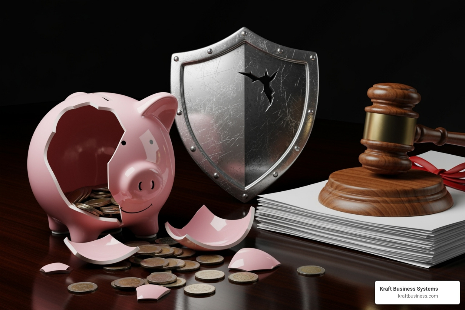 Consequences of a data breach showing a broken piggy bank, a tarnished reputation icon, and a legal gavel, representing financial loss, reputational damage, and legal penalties - Cloud data protection solutions