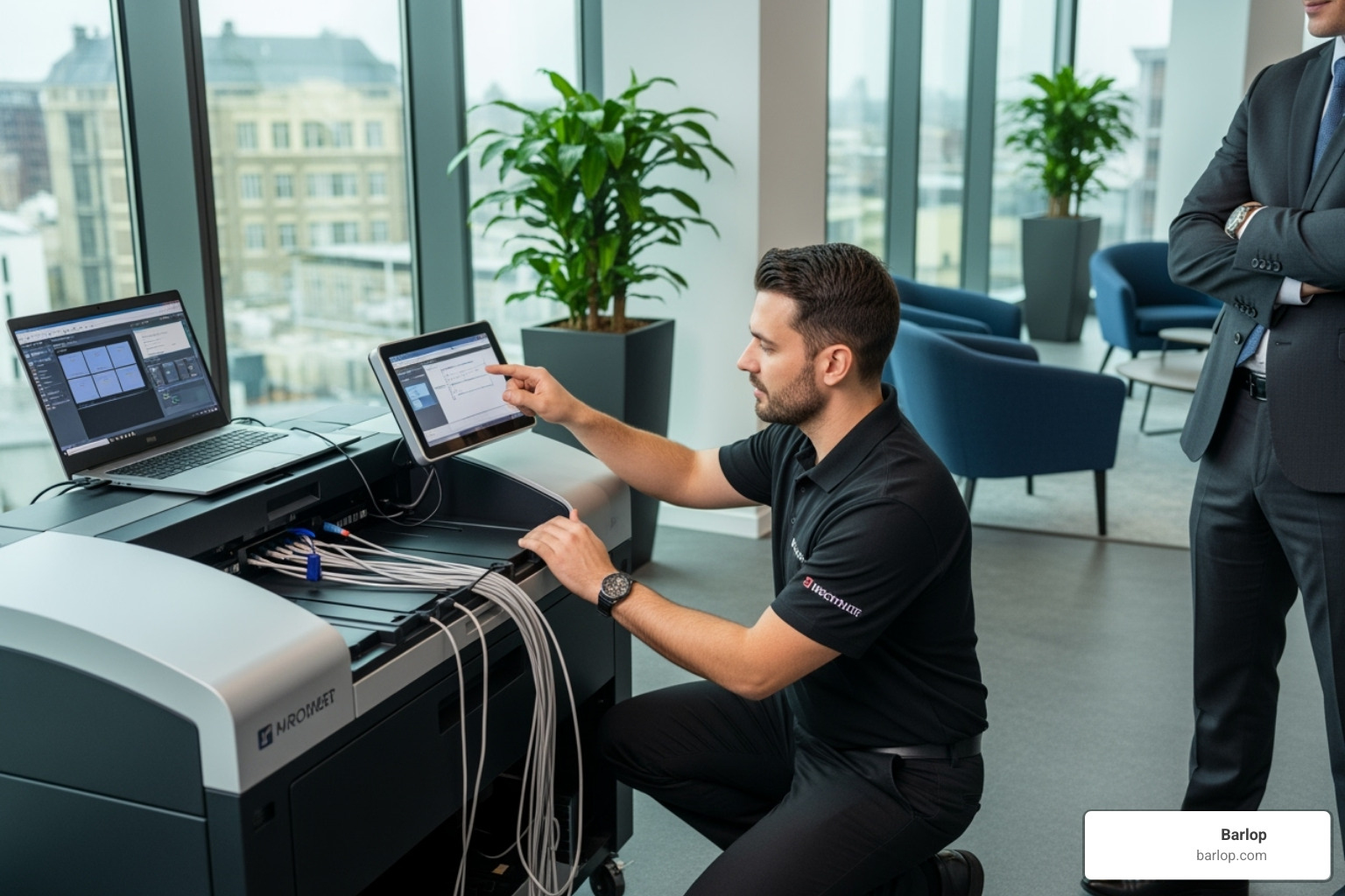 image of a technician setting up a scanner for a client in an office - document scanner rental