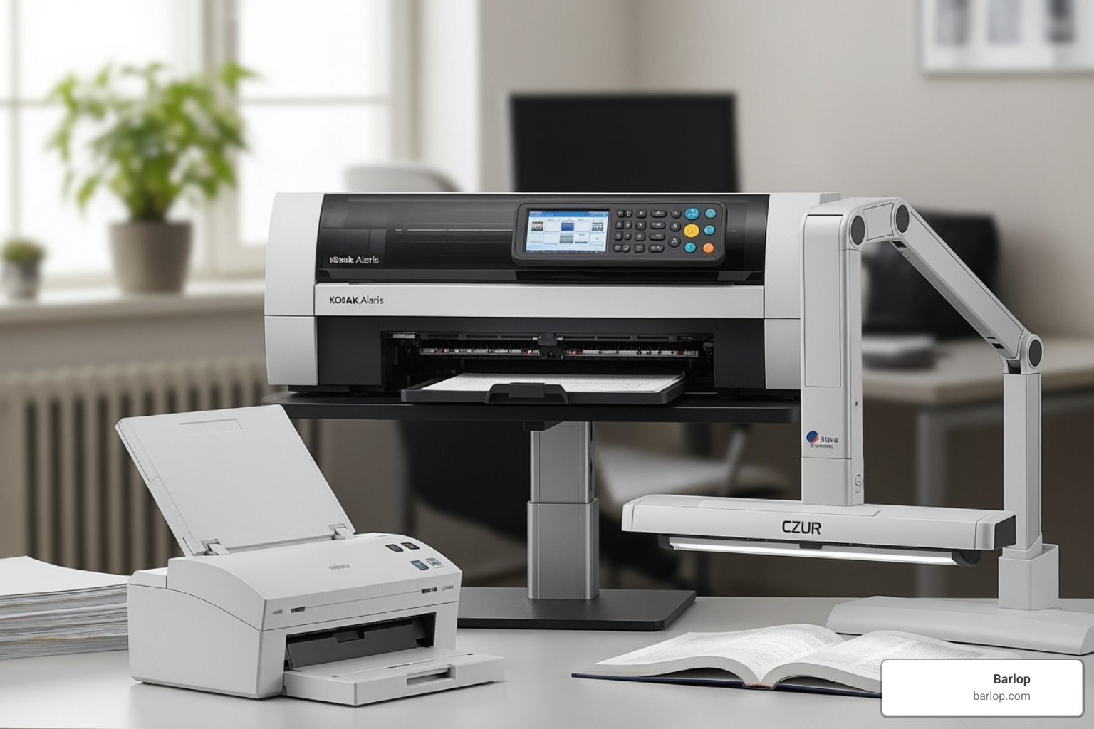image of various types of document scanners including a desktop, production, and overhead model - document scanner rental