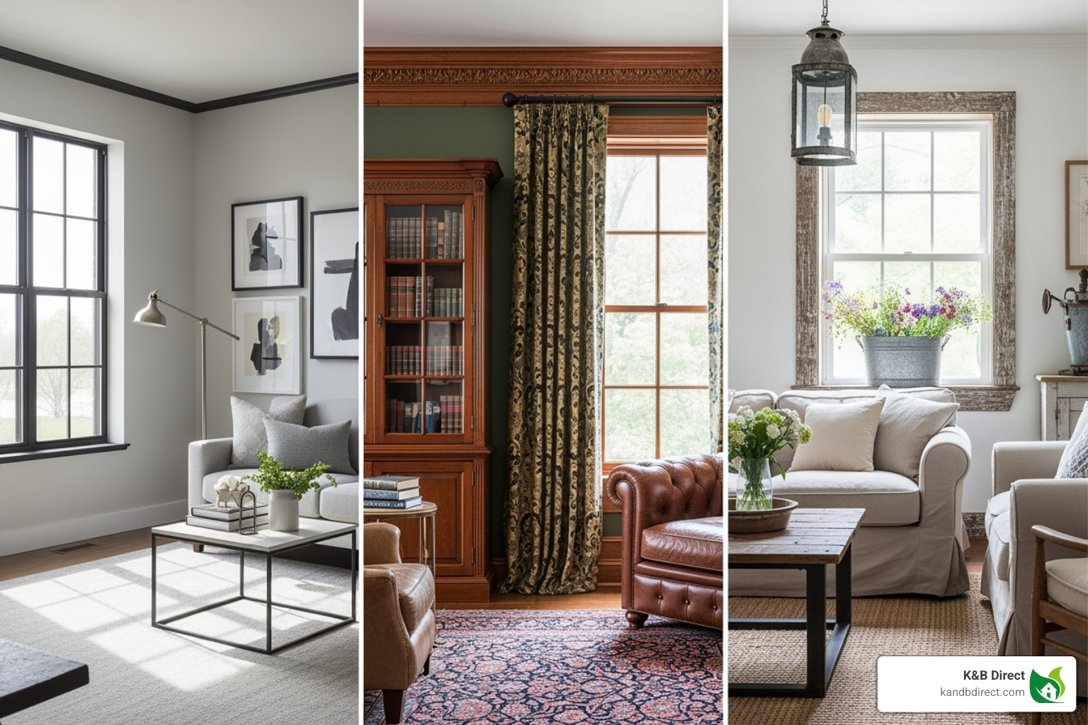 Image showcasing a variety of moulding styles in different room settings (modern, traditional, farmhouse) - window frame moulding