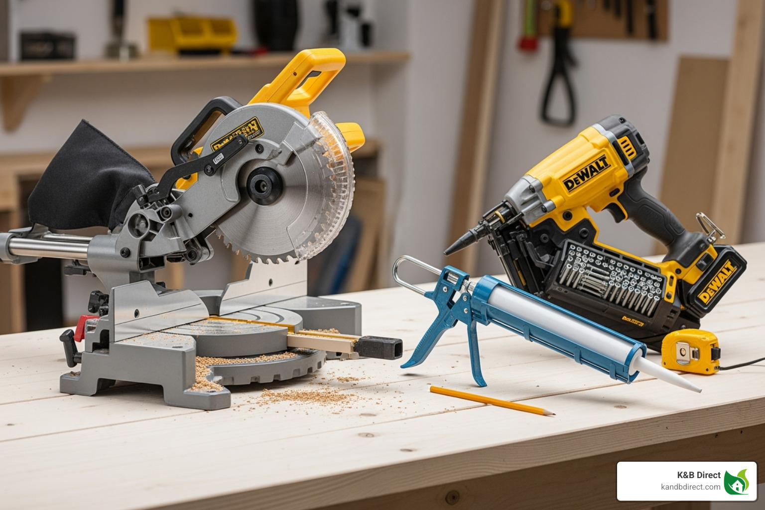 image of tools needed for molding installation like a miter saw, nail gun, and caulk gun - base cap moldings image of tools needed for molding installation like a miter saw, nail gun, and caulk gun - base cap moldings