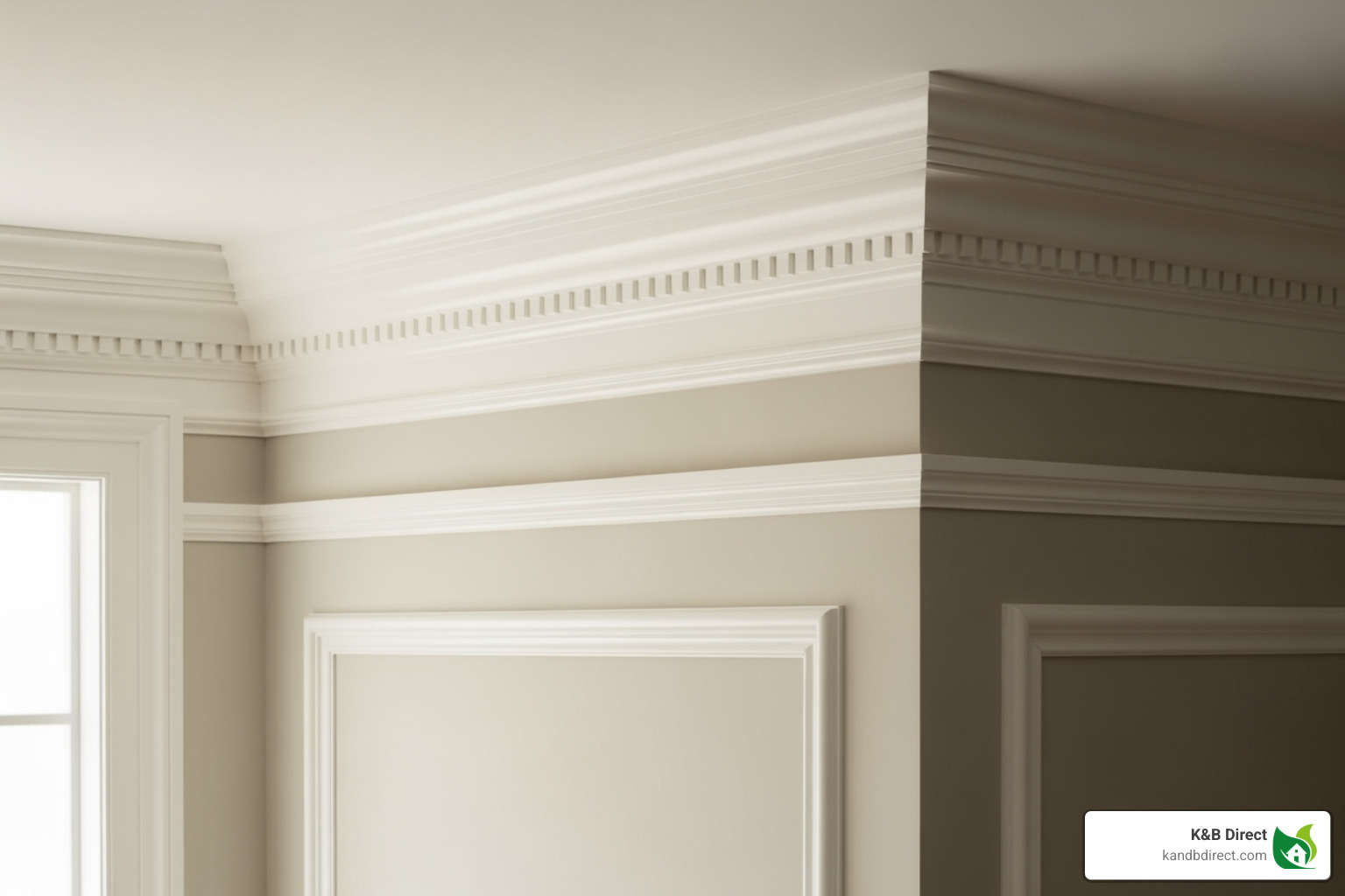 room showing close-ups of crown molding, chair rail, and baseboards - wall trim