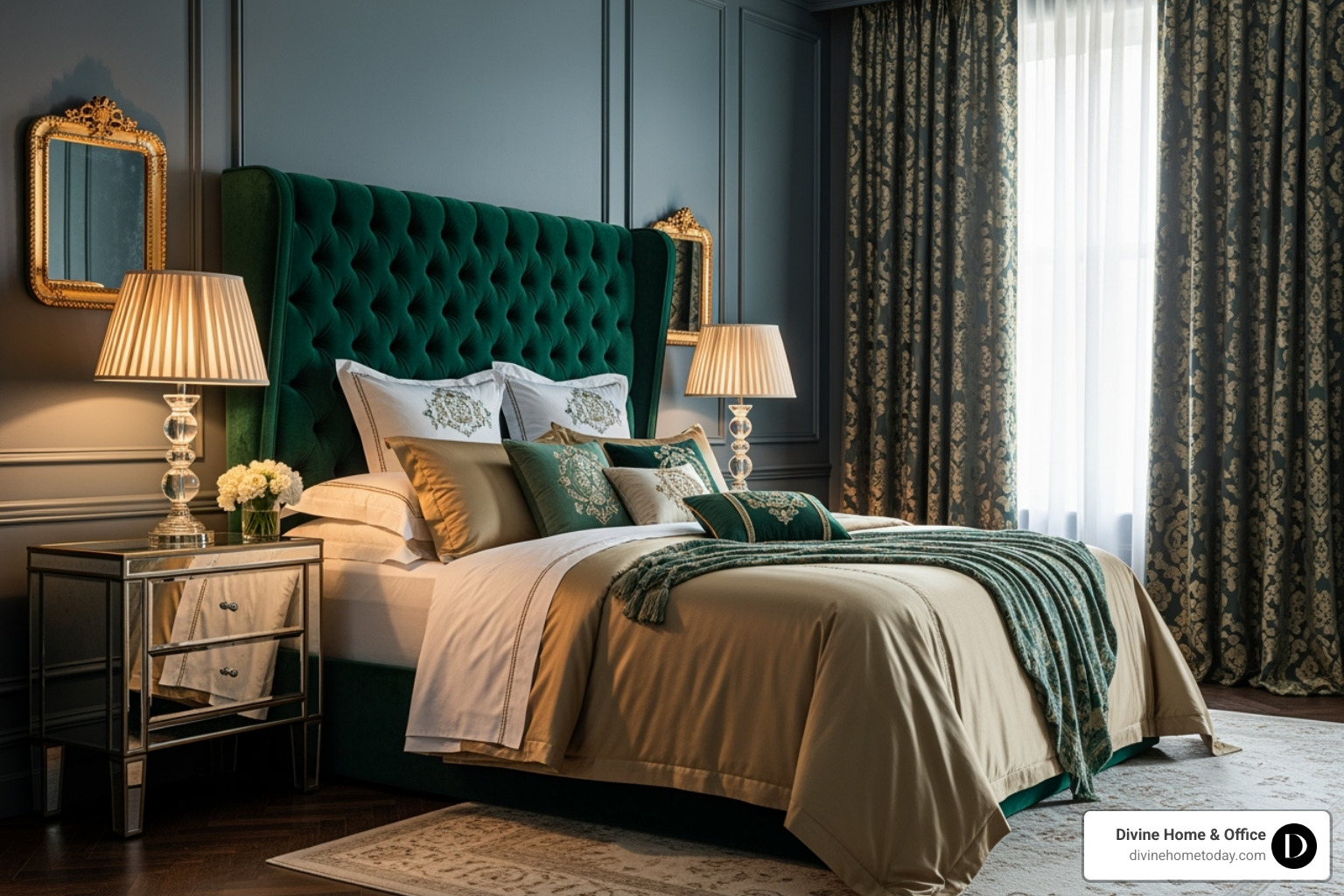 An opulent bedroom featuring a grand tufted headboard in a deep jewel tone, sumptuous layered linens in contrasting textures, and neat crystal side lamps on mirrored nightstands - creative opulent interior styles An opulent bedroom featuring a grand tufted headboard in a deep jewel tone, sumptuous layered linens in contrasting textures, and neat crystal side lamps on mirrored nightstands - creative opulent interior styles