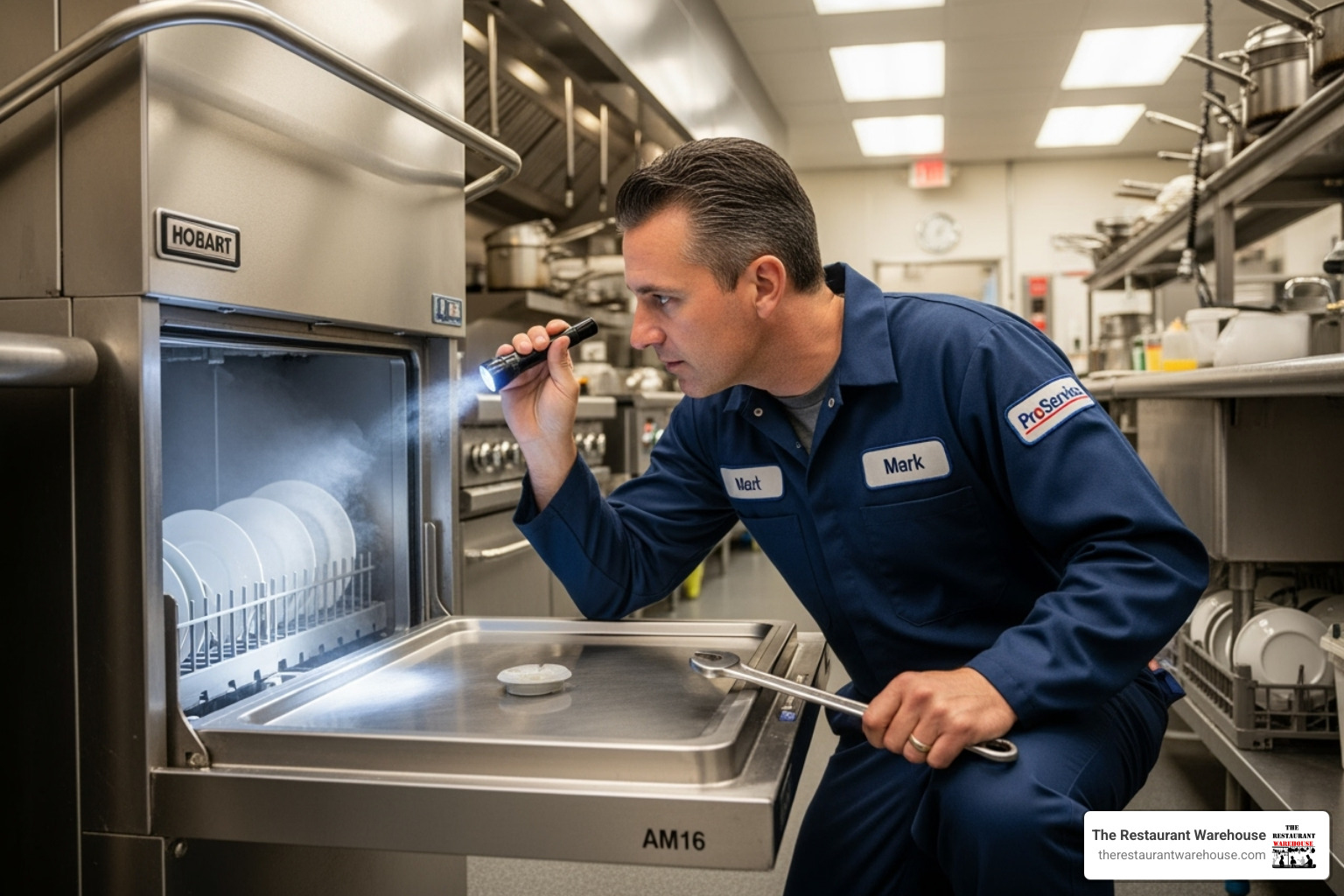 technician inspecting commercial dishwasher - commercial dishwasher service