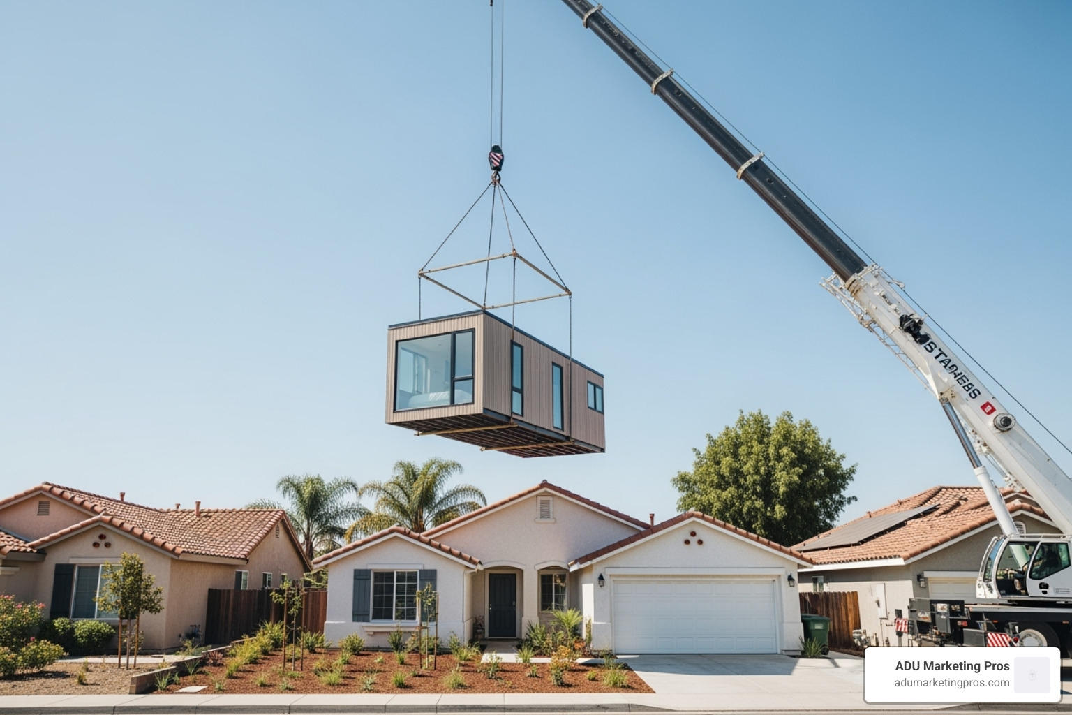 crane lifting a prefab ADU module over a house - prefab adu california cost