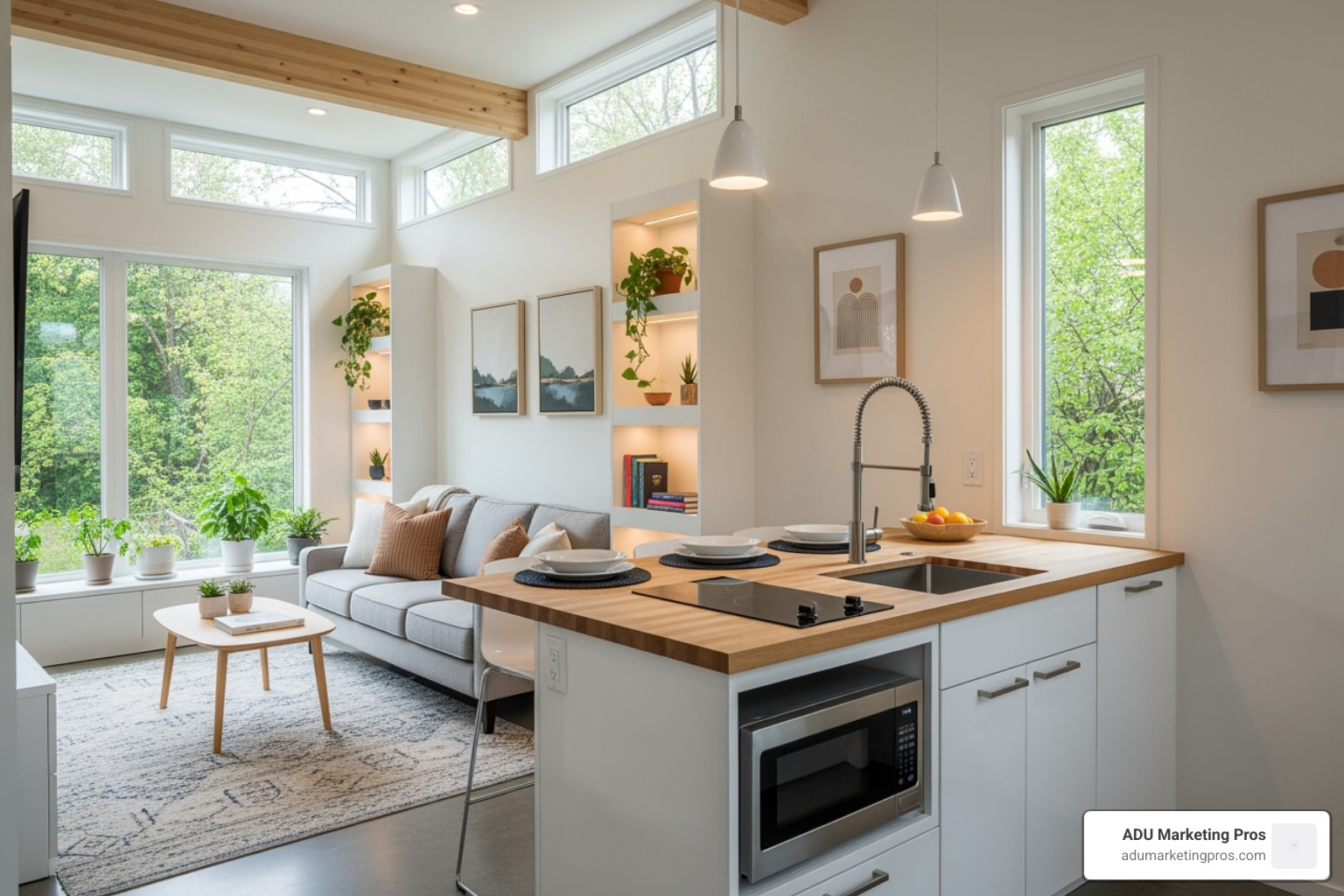 interior of a finished prefab ADU with modern finishes - prefab adu california cost