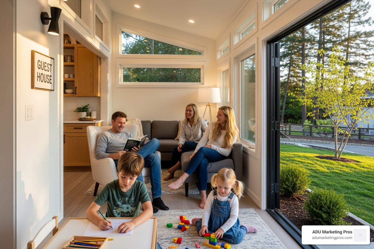family enjoying their new prefab ADU as a guest house - prefab adu california cost