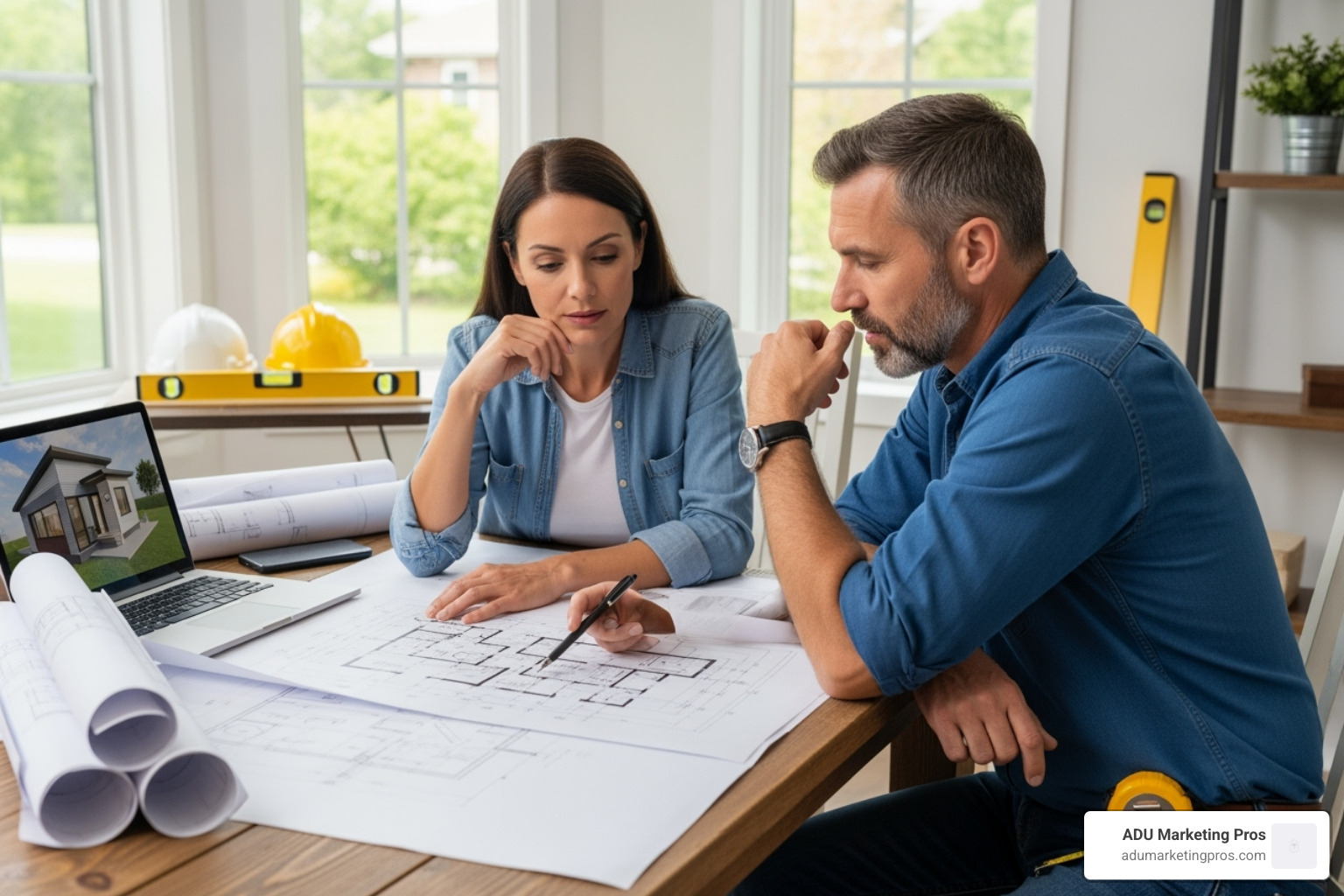 homeowner reviewing ADU plans with a contractor - prefab adu california cost