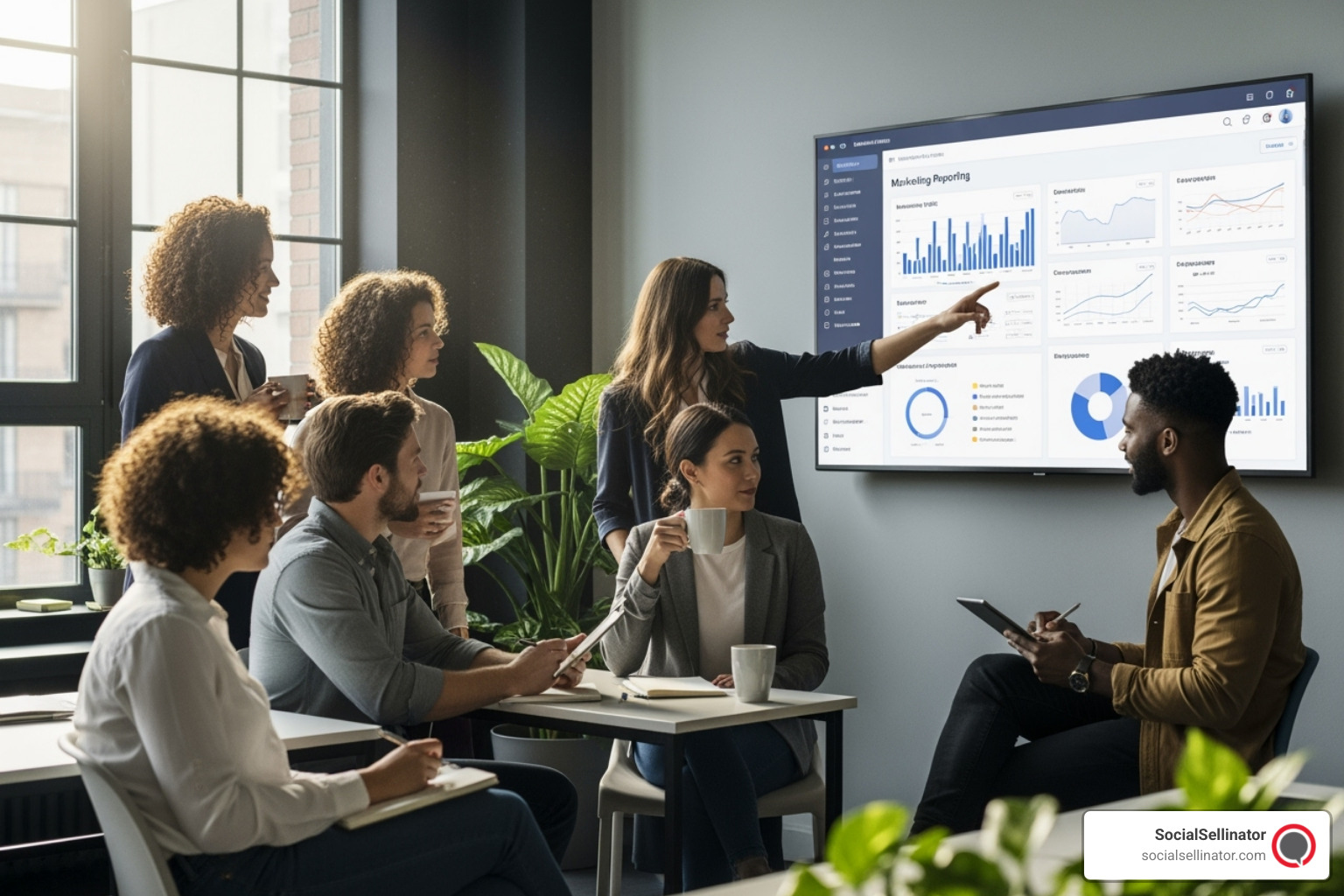 A diverse marketing team collaborating around a large screen displaying a modern marketing reporting dashboard - marketing reporting dashboard