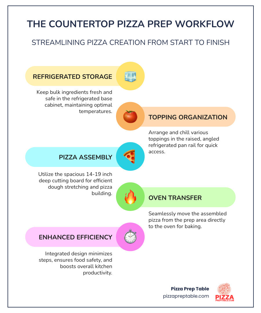 Infographic showing pizza prep workflow from refrigerated ingredient storage in base cabinet, through organized topping pans in refrigerated rail, to cutting board prep area, and finally to pizza oven, with temperature zones and capacity specifications clearly labeled - countertop pizza prep table infographic infographic-line-5-steps-colors Infographic showing pizza prep workflow from refrigerated ingredient storage in base cabinet, through organized topping pans in refrigerated rail, to cutting board prep area, and finally to pizza oven, with temperature zones and capacity specifications clearly labeled - countertop pizza prep table infographic infographic-line-5-steps-colors