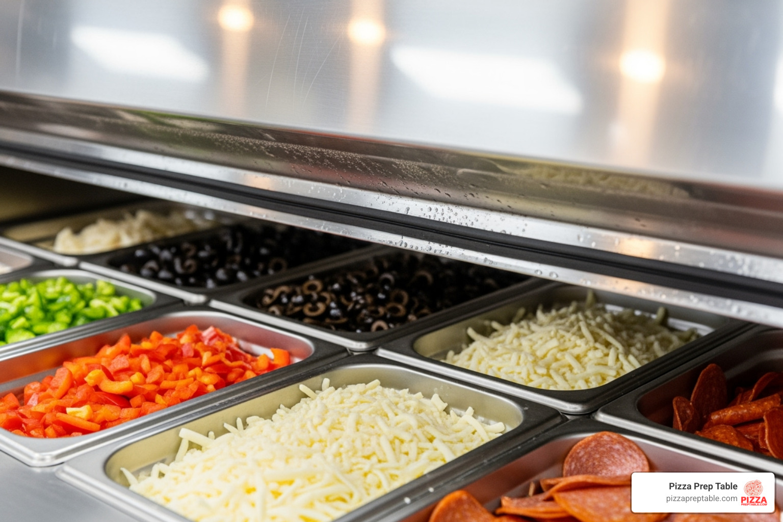 insulated lid being closed over fresh ingredients in a prep table rail - countertop pizza prep table insulated lid being closed over fresh ingredients in a prep table rail - countertop pizza prep table