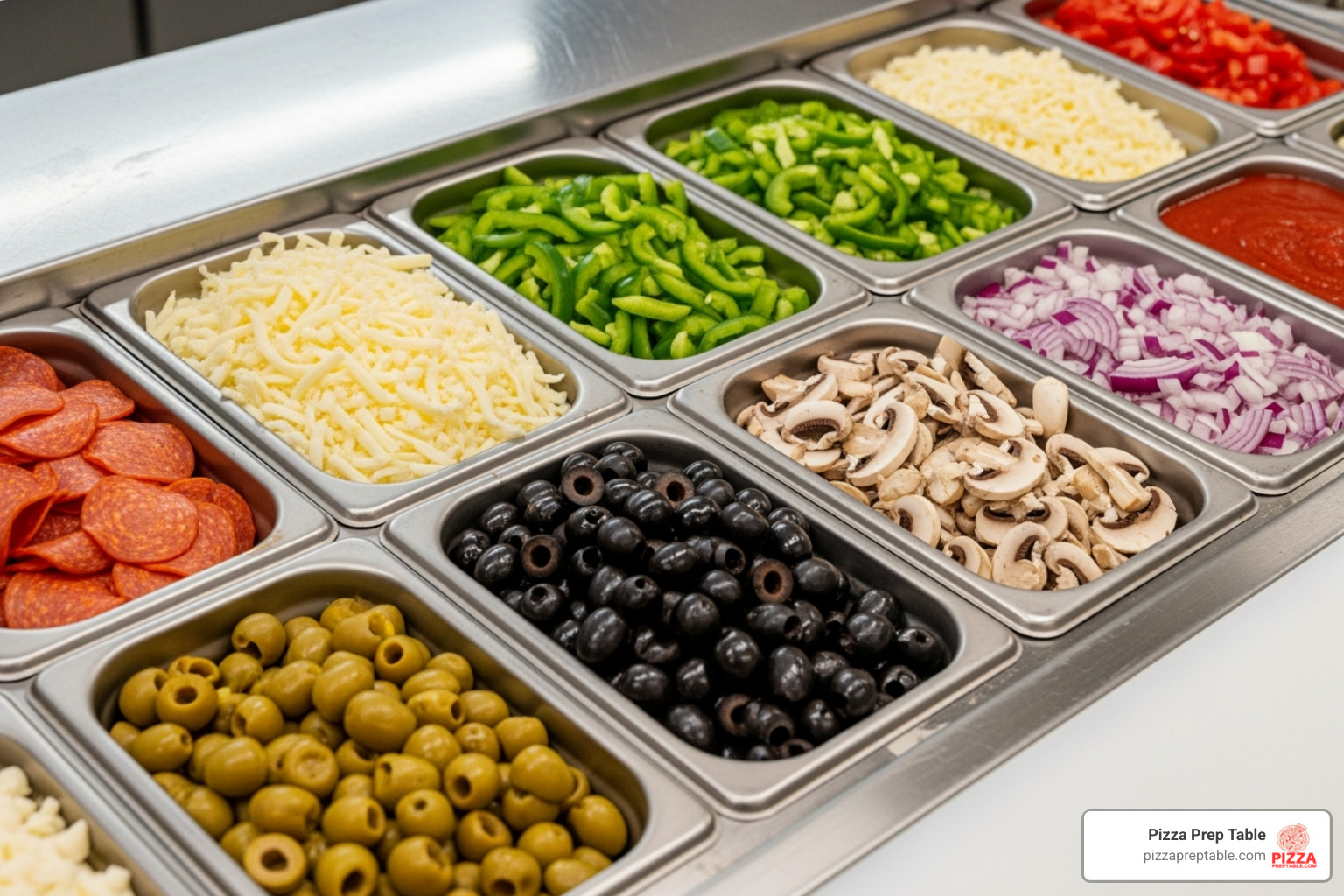 detailed view of a refrigerated pan rail with various toppings - countertop pizza prep table detailed view of a refrigerated pan rail with various toppings - countertop pizza prep table