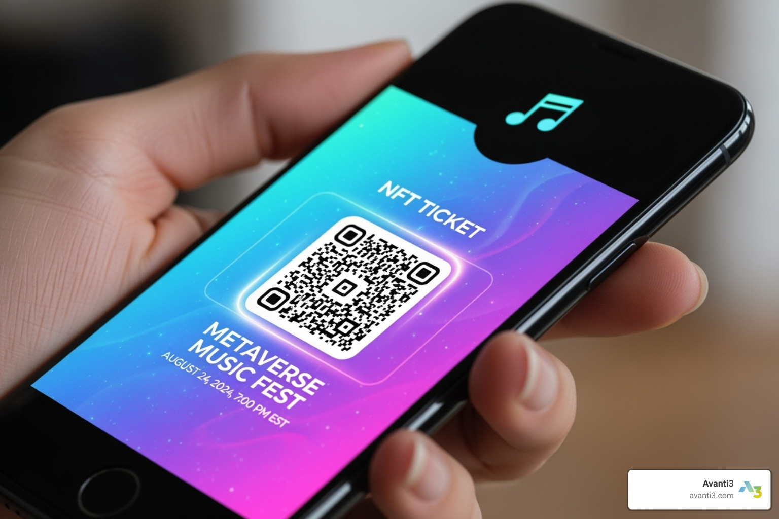 Image of a mobile phone displaying an NFT ticket with a dynamic QR code - how event ticketing uses blockchain