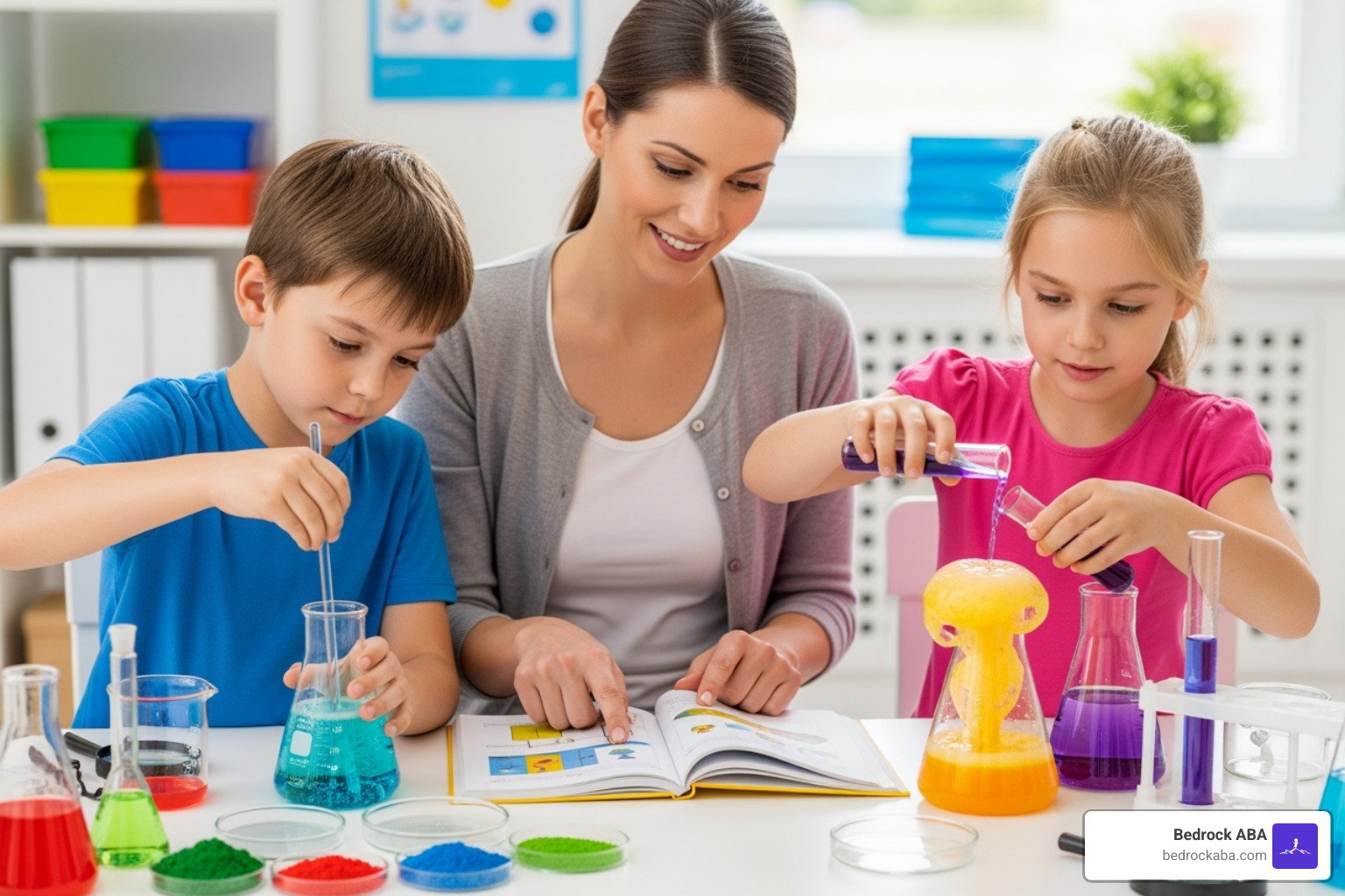Two children working together on a fun science experiment with a therapist guiding them - aba therapy after school