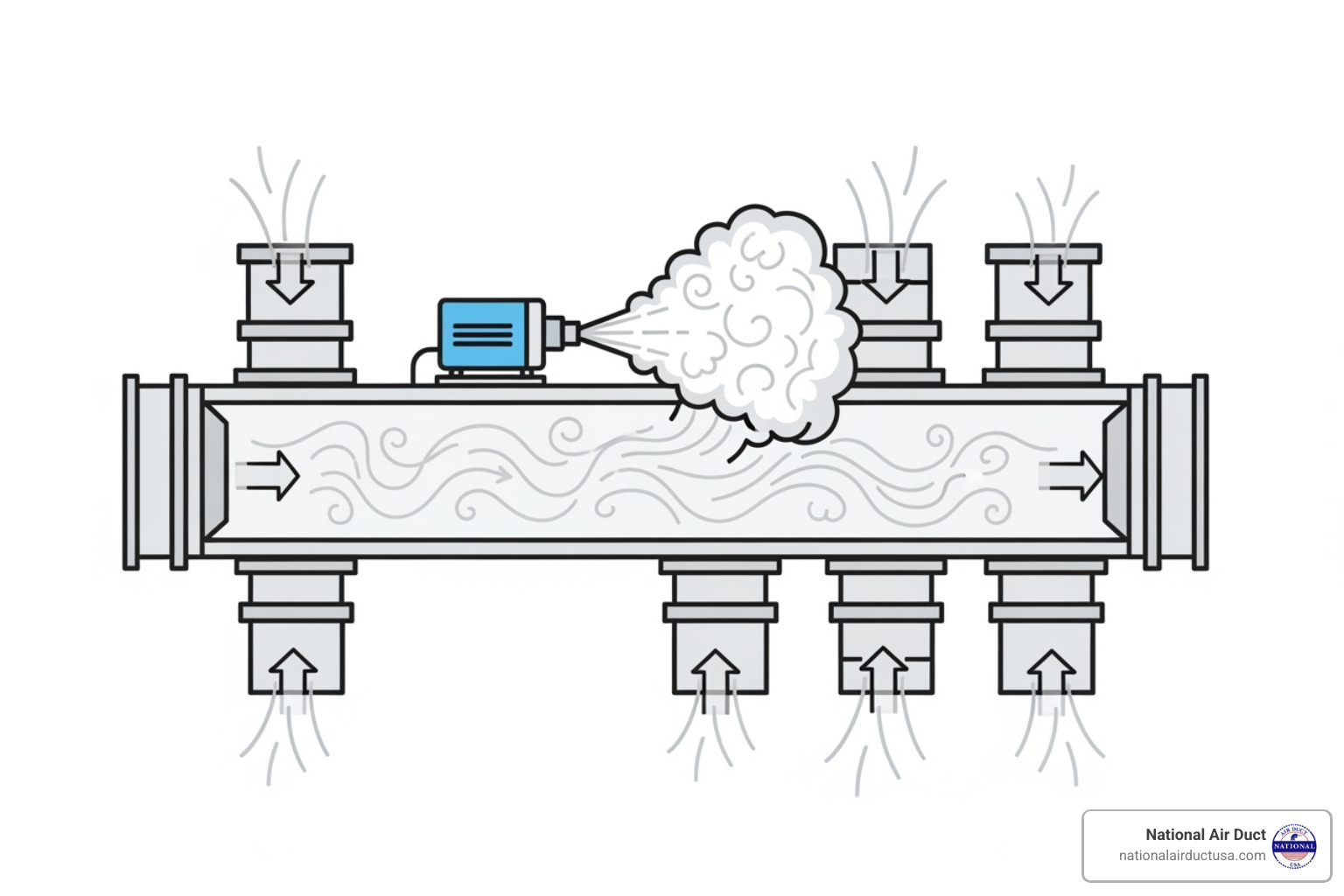 simplified HVAC diagram illustrating the fogging process - air duct sanitizing fogger