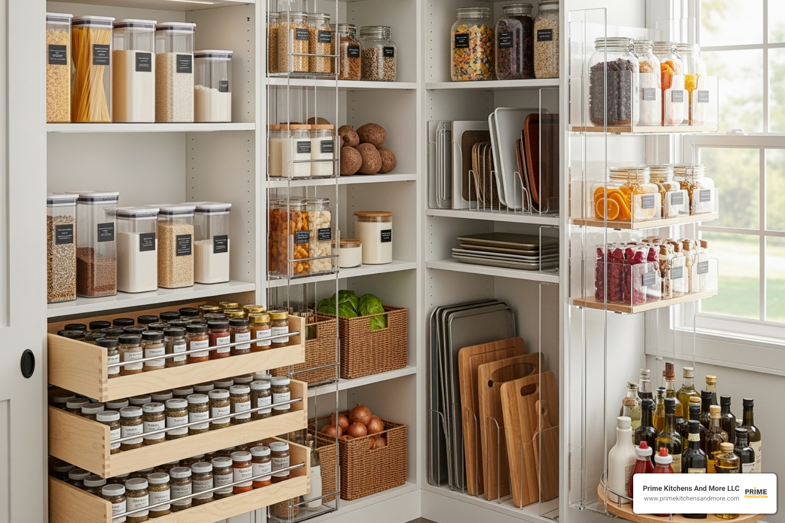 well-organized kitchen pantry with pull-out drawers and vertical storage dividers - cool ideas for kitchen remodel