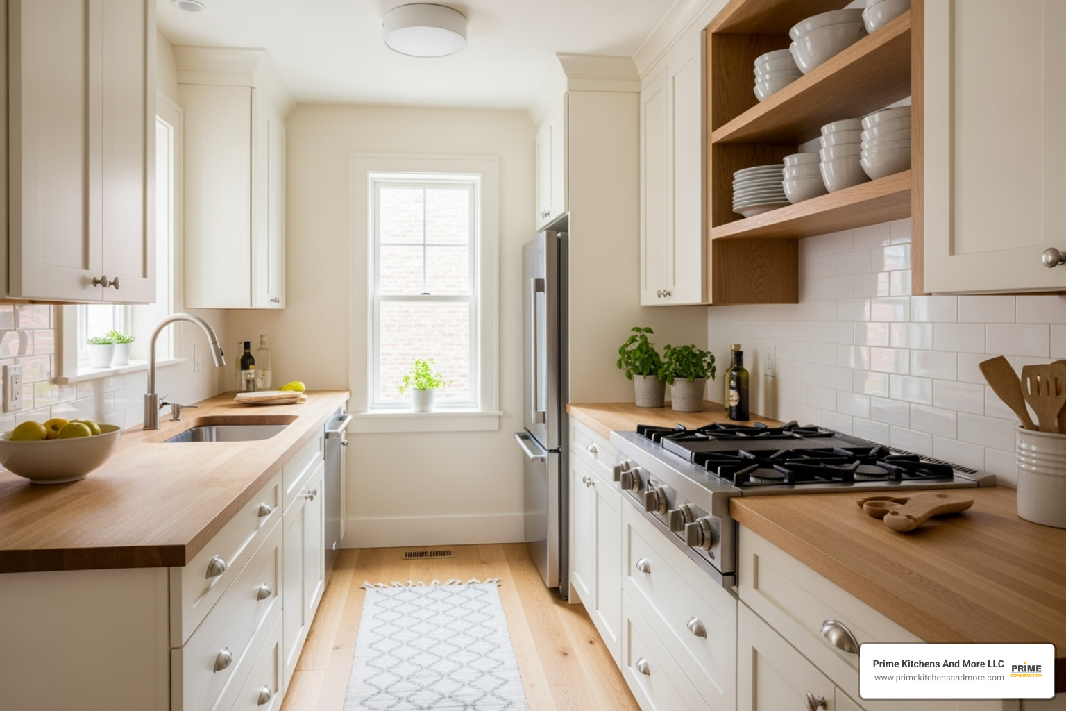 bright, well-organized small galley kitchen using light colors and open shelving to feel larger - cool ideas for kitchen remodel