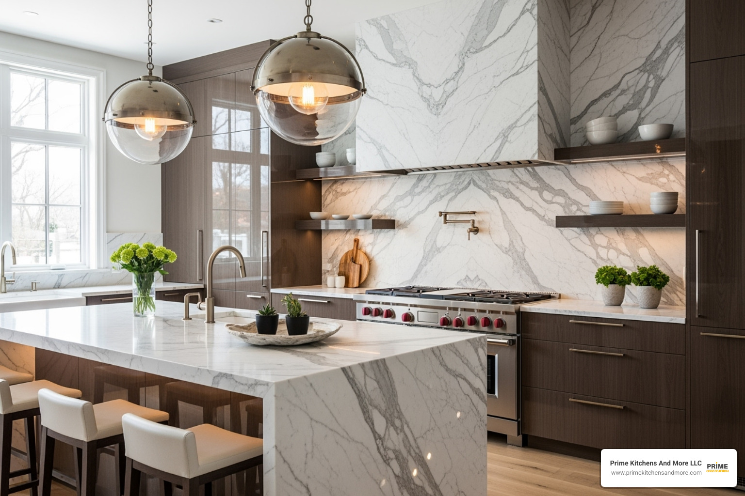 dramatic full-height marble backsplash behind a range with statement pendant lights overhead - cool ideas for kitchen remodel