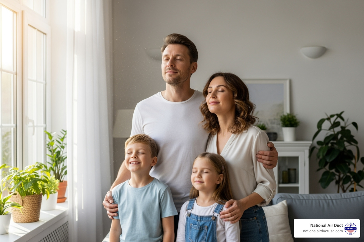 family breathing clean air in their home - air duct sanitizing fogger