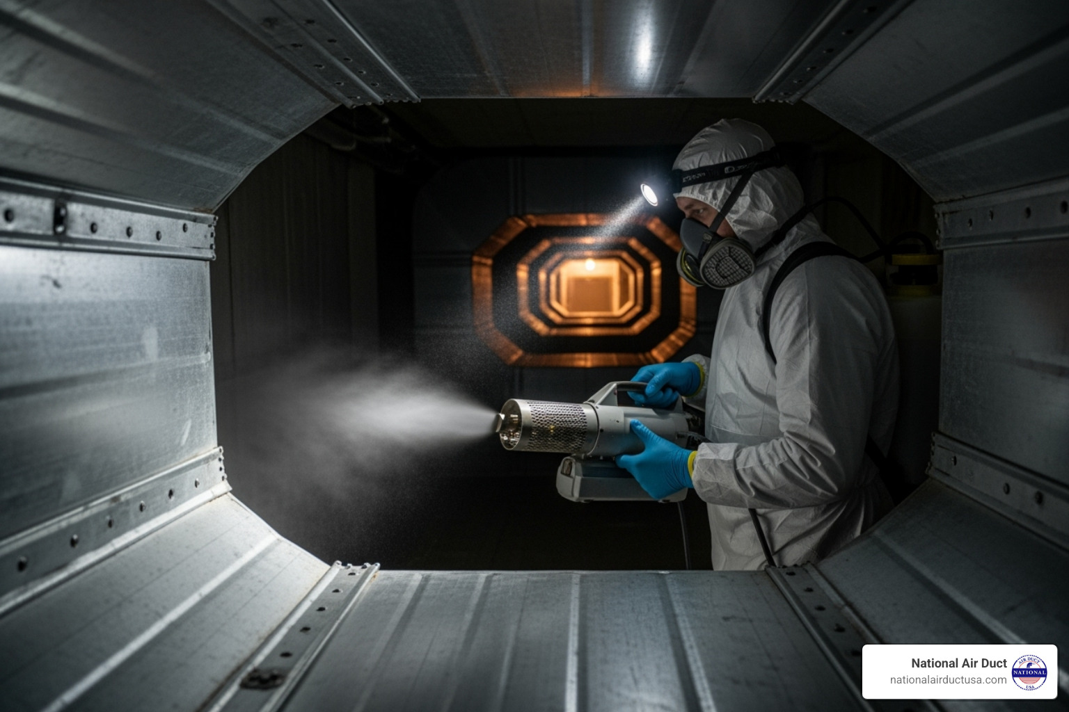 professional technician using a ULV fogger - air duct sanitizing fogger