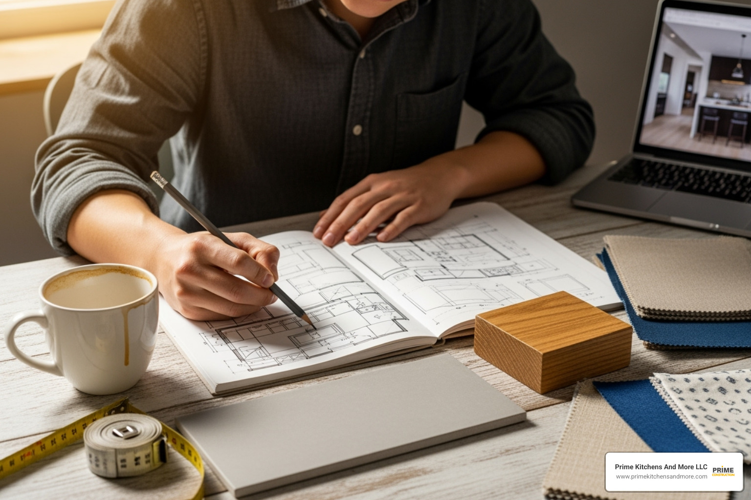 person sketching kitchen plans on a notepad with material samples nearby - cool ideas for kitchen remodel