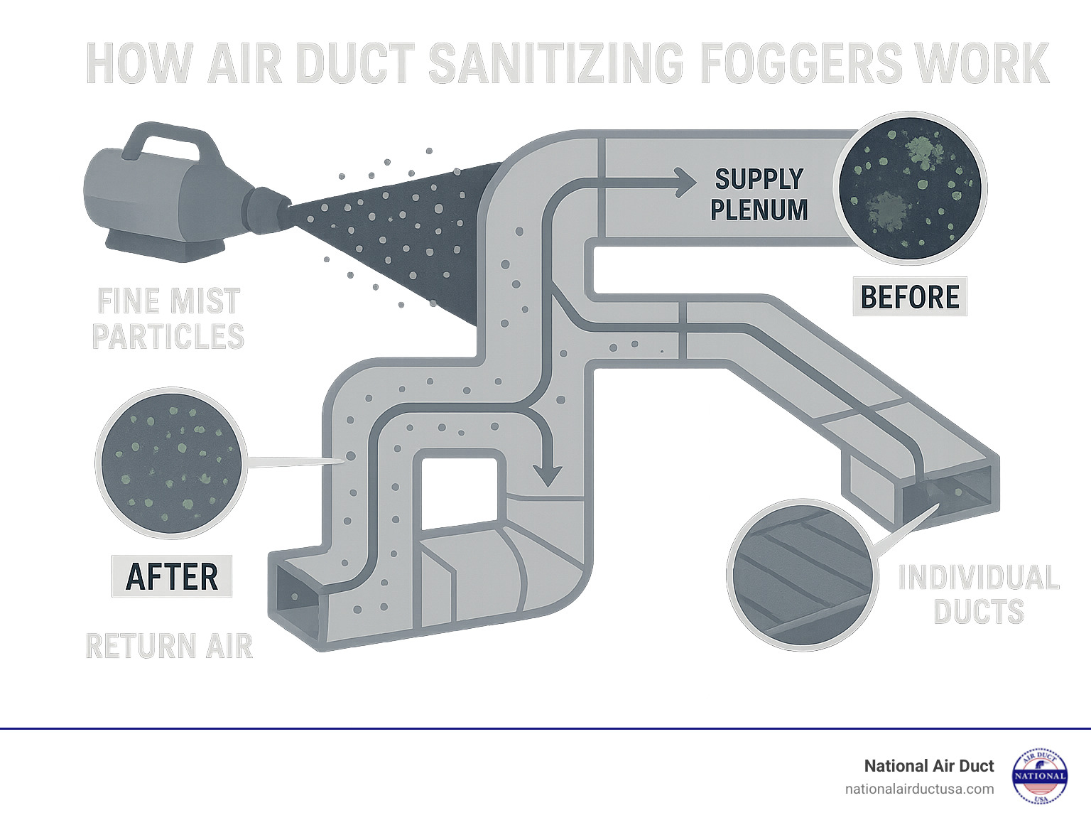 Detailed infographic showing how air duct sanitizing foggers work: fine mist particles traveling through HVAC ductwork, reaching all surfaces including return air, supply plenum, and individual ducts, with callouts showing before and after contamination levels - air duct sanitizing fogger infographic 