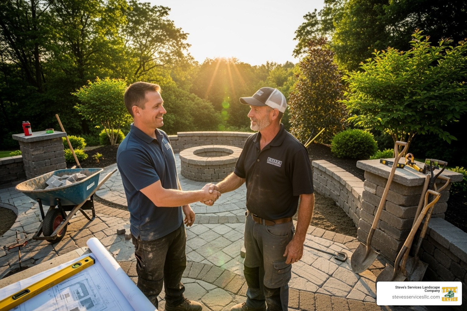homeowner shaking hands with hardscaping contractor - patio companies homeowner shaking hands with hardscaping contractor - patio companies