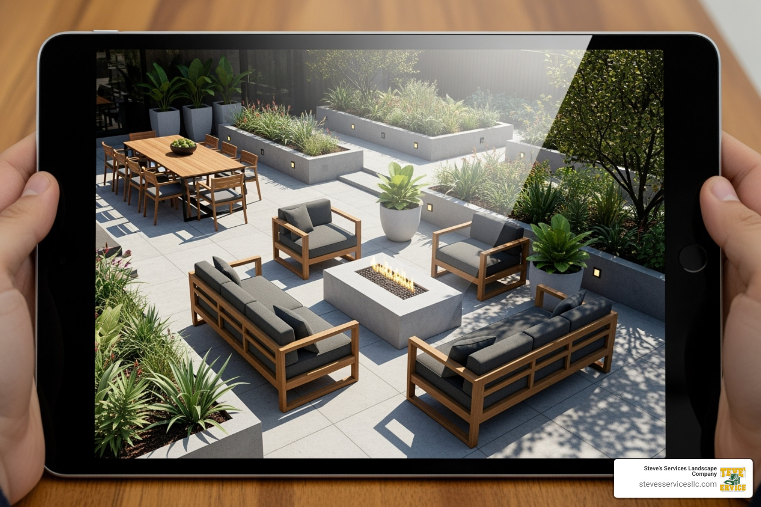 3D patio design rendering on tablet screen - patio companies 3D patio design rendering on tablet screen - patio companies