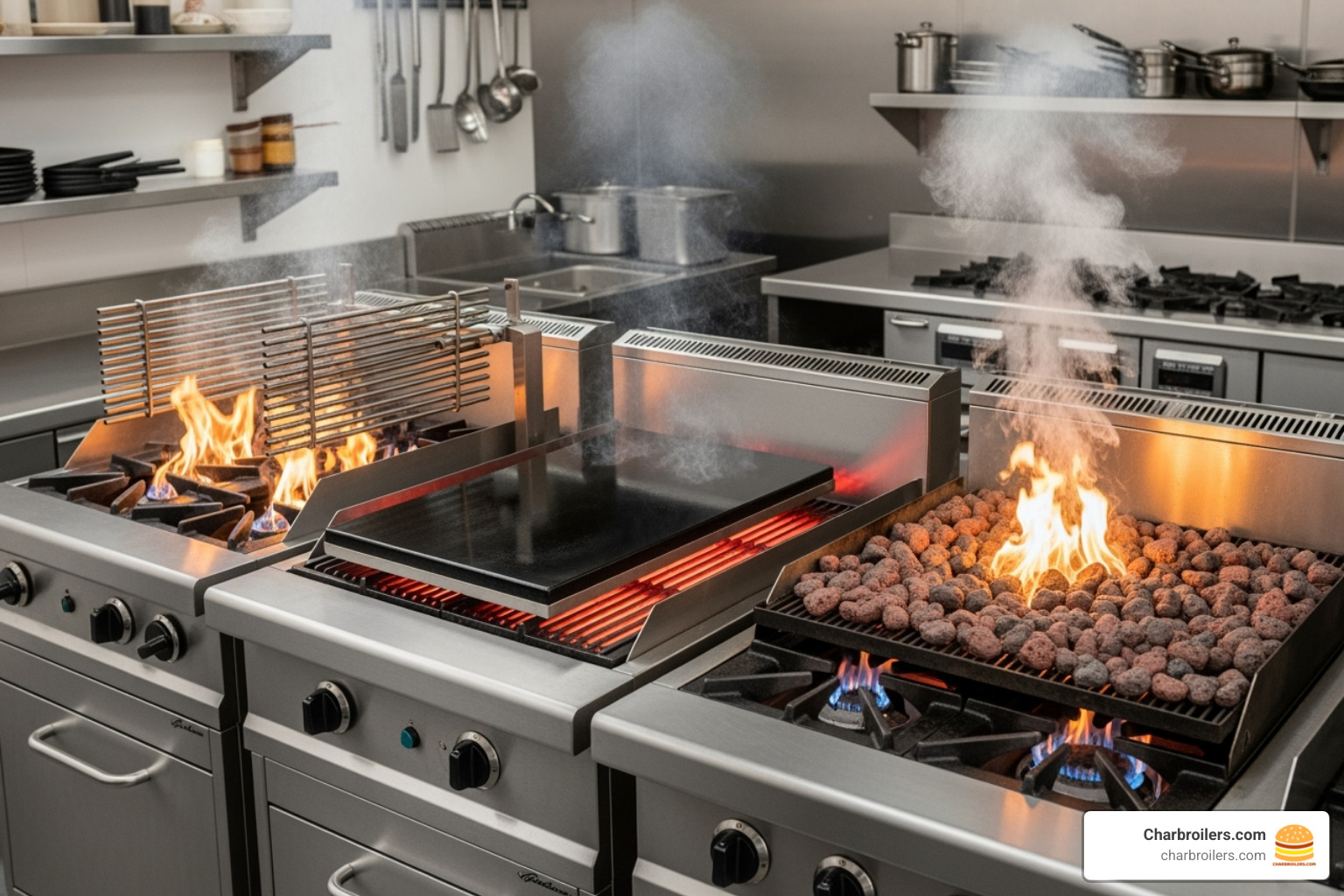 Image of three different types of commercial charbroilers side-by-side (radiant, infrared, lava rock) - charbroiler restaurant
