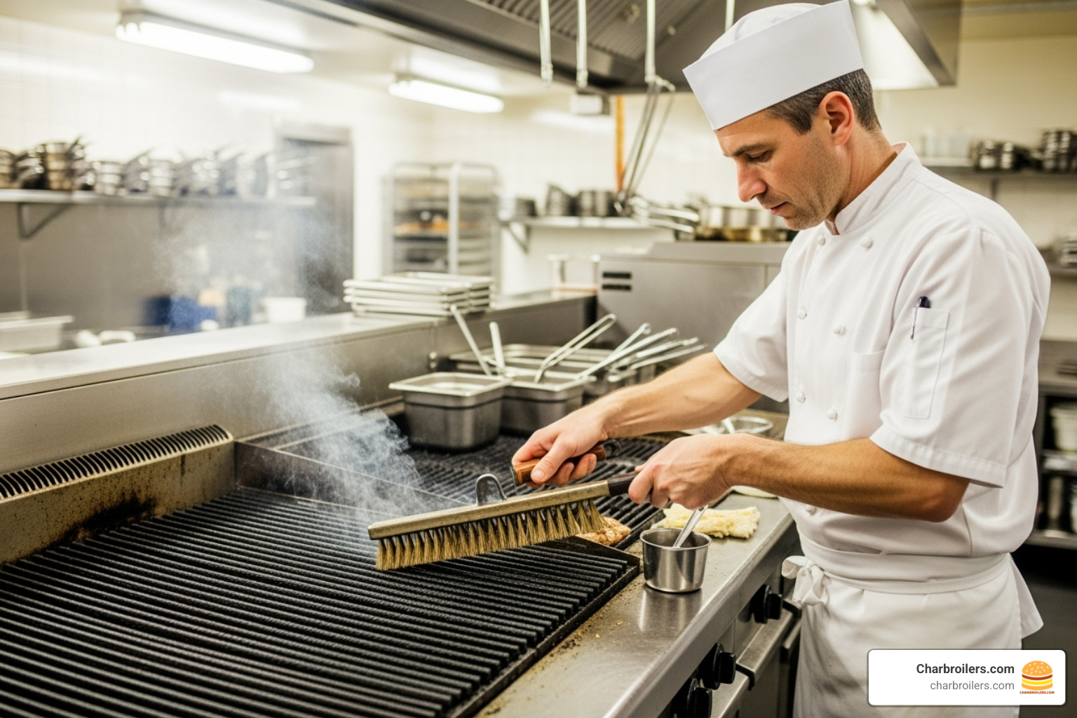 Image of a chef cleaning a commercial charbroiler grate with a wire brush - charbroiler restaurant