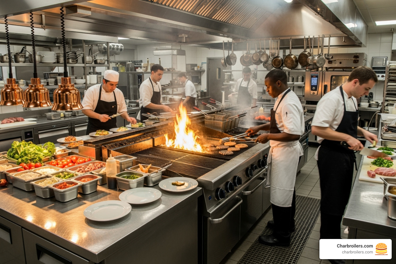 Image of a busy open kitchen with a large charbroiler as the centerpiece - charbroiler restaurant