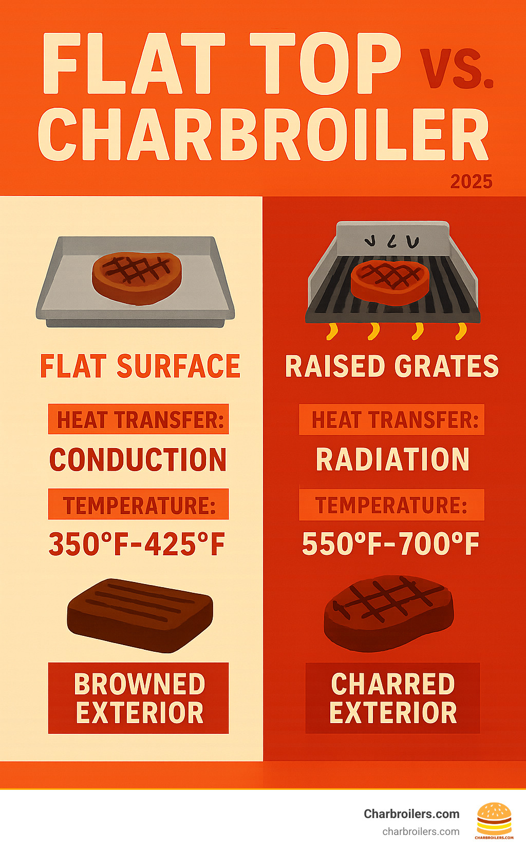 Infographic showing the key differences between grilling on flat surfaces versus charbroiling with raised grates, including heat transfer methods, temperature ranges, and resulting food characteristics - charbroiler restaurant infographic 