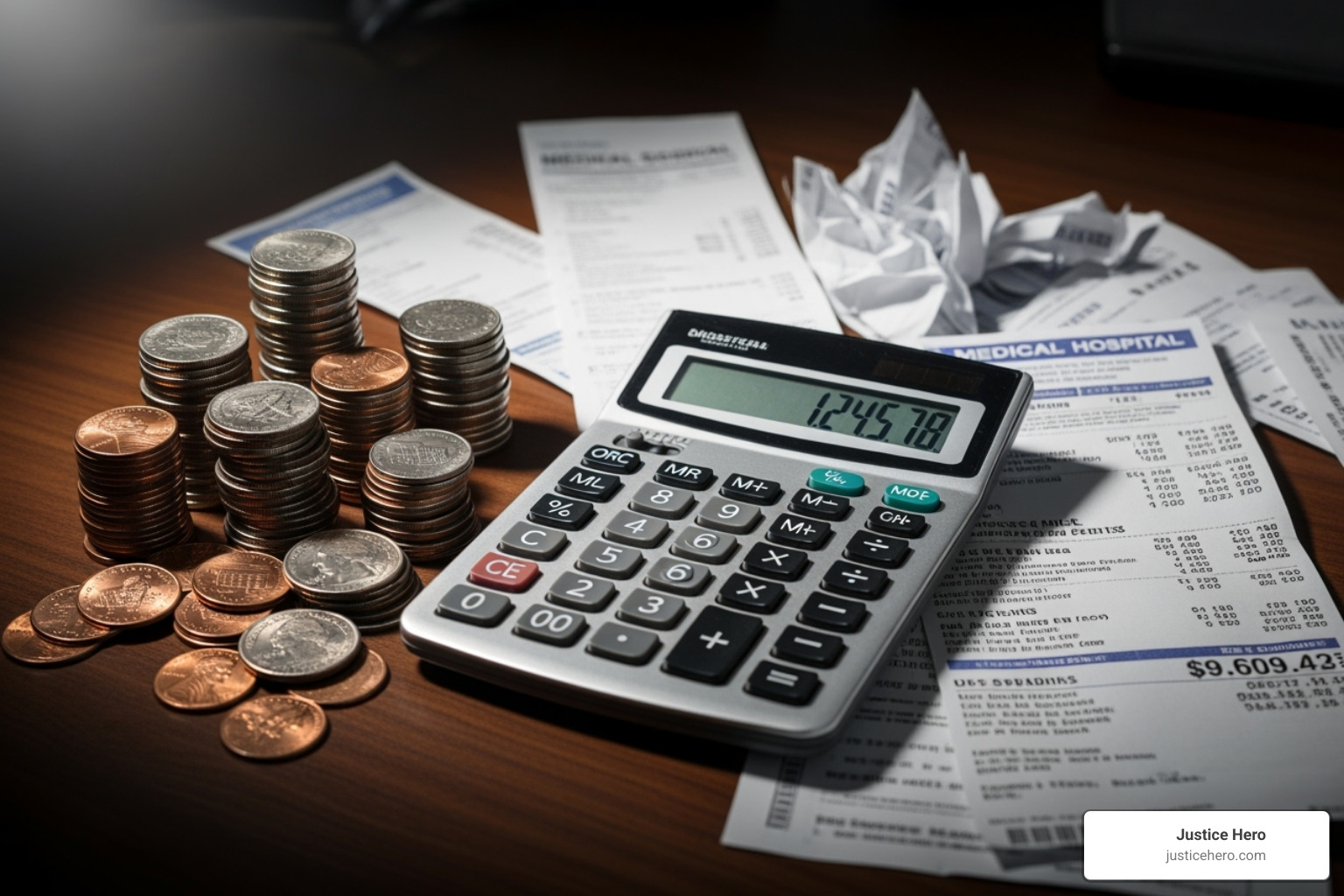 calculator with stacks of coins and medical bills - personal injury law